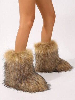 Plush Faux Fur Boot Slippers - Brown
